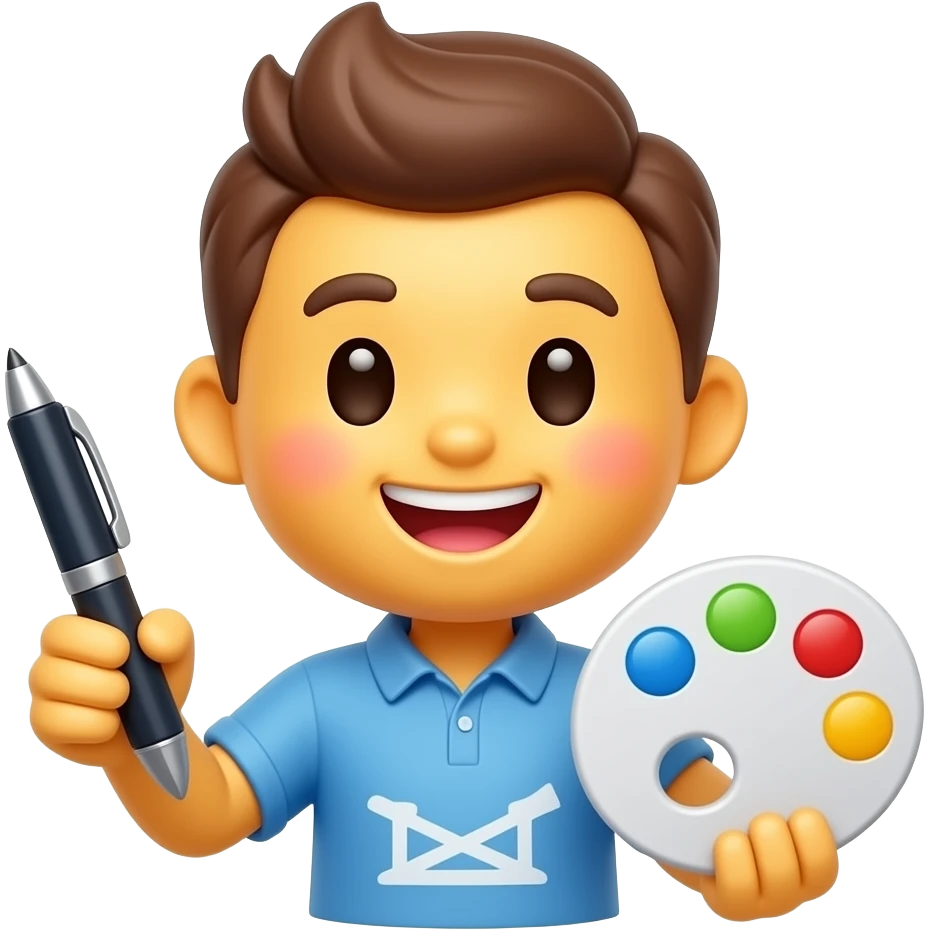 cute emoji designer character, holding pen tool and color palette, creative workspace vibe, minimal emoji style emoji