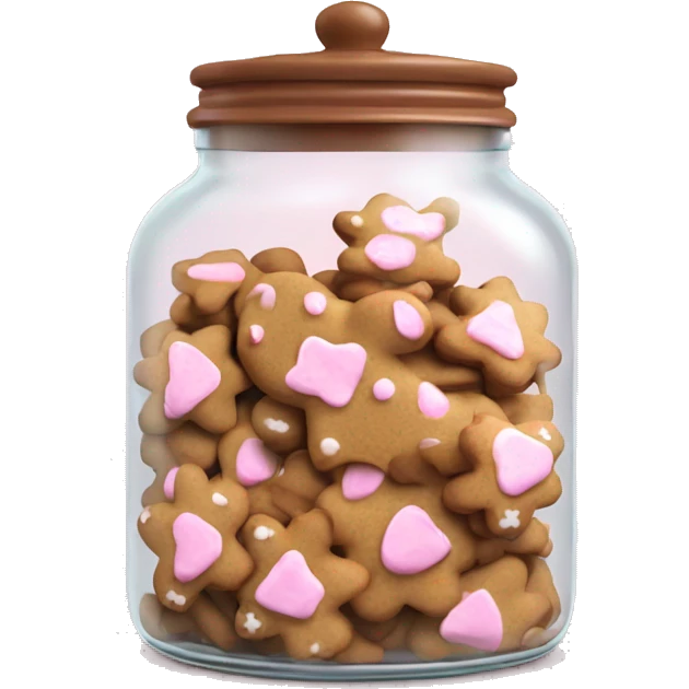 Realistic glass cookie jar with light pink lid full of gingerbread cookies isolated.  emoji