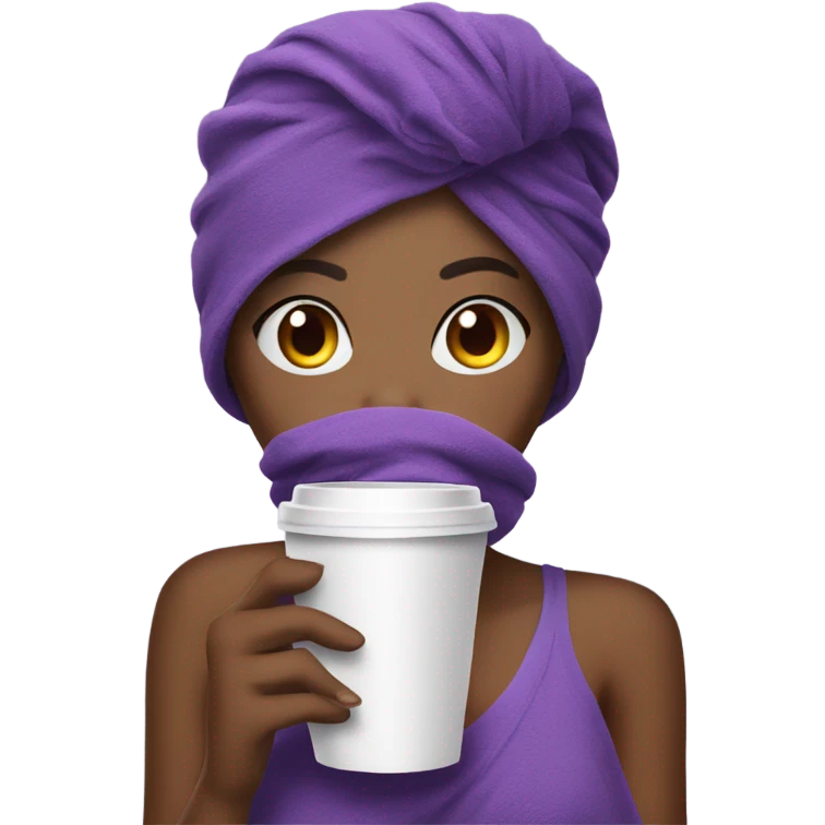 beautiful girl with a purple towel on her head drinks coffee emoji
