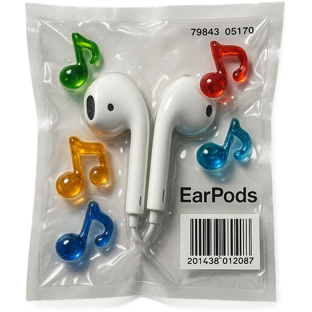 white EarPods headphones surrounded by small colorful glass music notes, glossy and puffy emoji