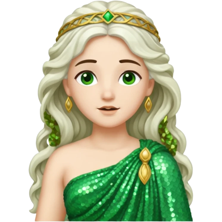 Juno, Goddess of Marriage from Roman Deities with long white brunette wavy hair, green sequin toga emoji