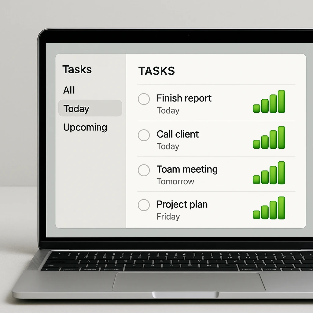 Make the bar charts on the MacBook's task management app screen green in the style of apple style emojis emoji