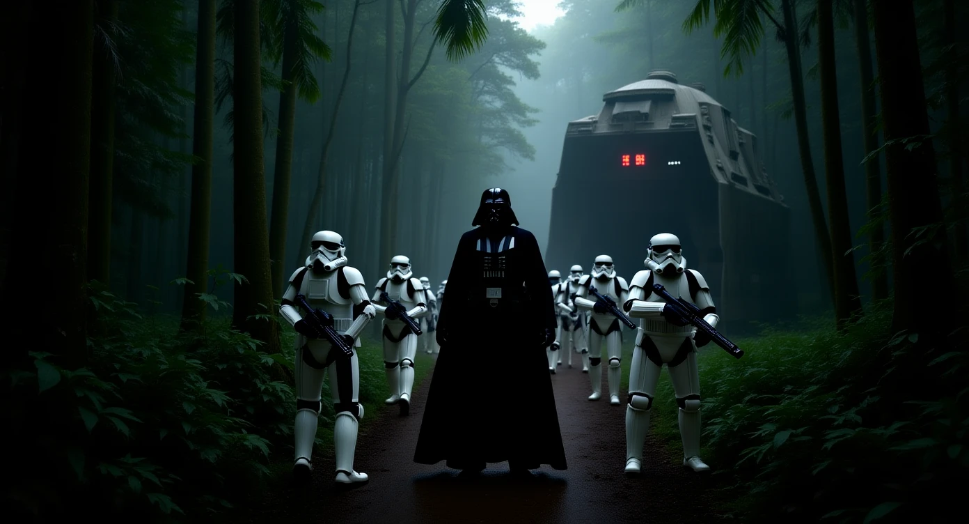 cinematic still, Medium shot, amazon jungle, Darth Vader around stormtroopers coming out from starship on ground, they are exploring the jungle, inspired by StarWars movie, captured by arri alexa emoji