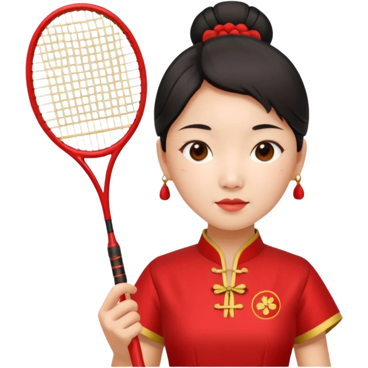 ancient geongsam girl with 1 badminton racket, red emoji