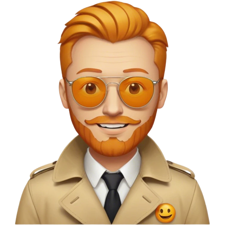 ginger with a trenchcoat with a yellow smiley pin, orange slicked back hair, and an orange chin beard with sunglasses emoji