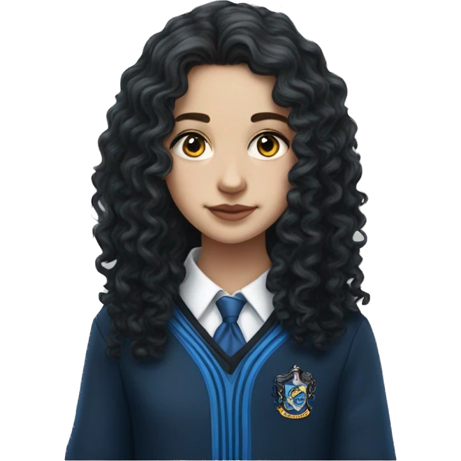 Hyper realistic White girl with long black curly hair wearing a ravenclaw school inform emoji