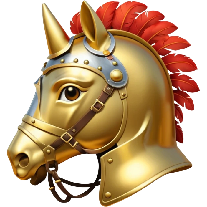 An emoji of a powerful Roman warhorse in full armor, with a feathered helmet. emoji