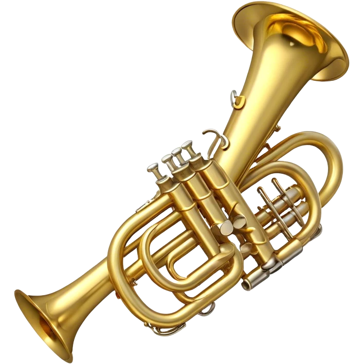 Create a professional and polished emoji representing the Brahner trumpet. The design should showcase the shiny brass body of the trumpet, with its distinct valves and bell. Highlight the smooth curves of the tubing and the elegant flared bell at the end. The valves should be visible with their metal buttons, and the mouthpiece should be positioned at the top of the instrument. Use bright gold and brass tones with reflective light effects to emphasize the trumpet’s polished, high-quality finish. Add subtle musical notes around the trumpet to evoke its bright, bold sound. The background should be transparent. emoji