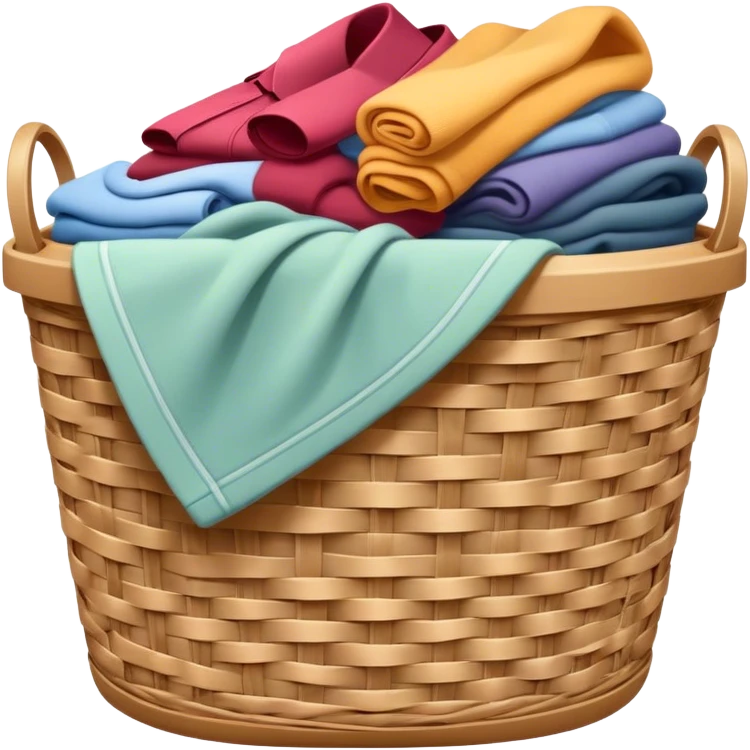 A laundry basket filled with clothes, some neatly folded and others piled up. The basket is made of plastic or woven material, with handles on the sides emoji