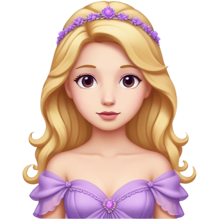 Cinematic Realistic Rapunzel Portrait, with porcelain-like skin featuring a subtle, natural glow, illuminated by soft lighting that brings out the gentle contours of her face. Her long, golden blonde hair cascades in detailed waves, each strand highlighted with a radiant shimmer as it catches the light. She playfully holds a flower in one hand, her other hand resting casually in her lap, with a warm and spirited expression. Her bright, expressive green eyes exude curiosity and warmth, framed by delicate lashes and soft, arched brows. She is dressed in her classic lavender and pink gown, the fabric textured with delicate folds that flow naturally, catching the light with a soft, radiant glow. The portrait captures a luminous, enchanting aura, seamlessly blending realism with a whimsical, fairytale charm, evoking a timeless sense of beauty and magic. emoji