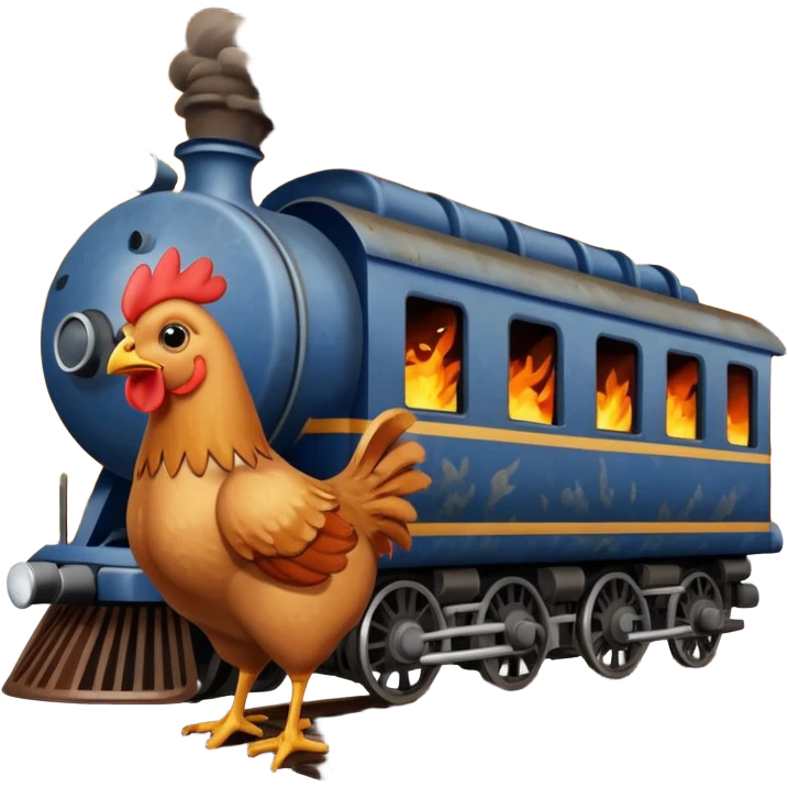 Chicken eating a train while exploding emoji
