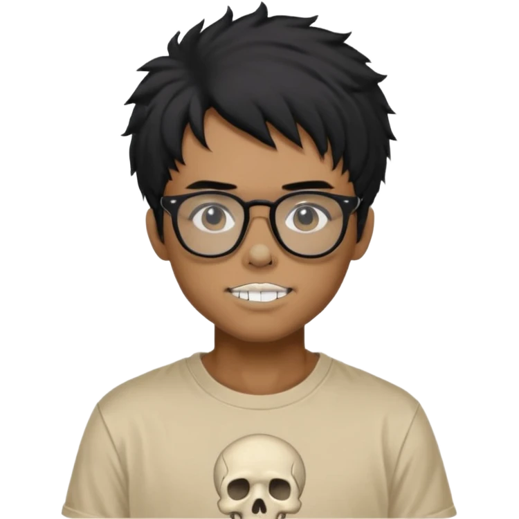 black anime hair guy with skeleton makeup wearing a stussy tshirt with glasses emoji