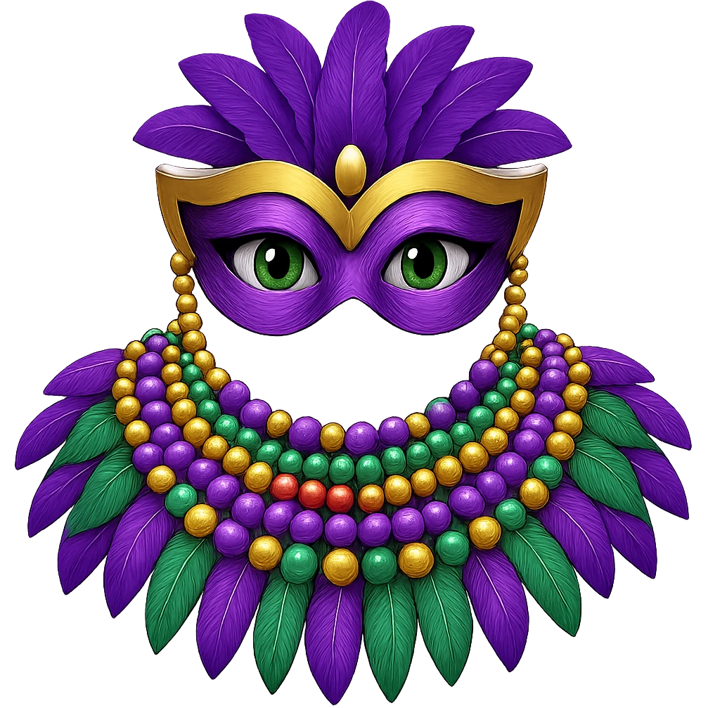 Add Mardi Gras beads to the simple collar while keeping the basic purple, green, and gold ruffles. The style should resemble emoji style with a transparent background. emoji