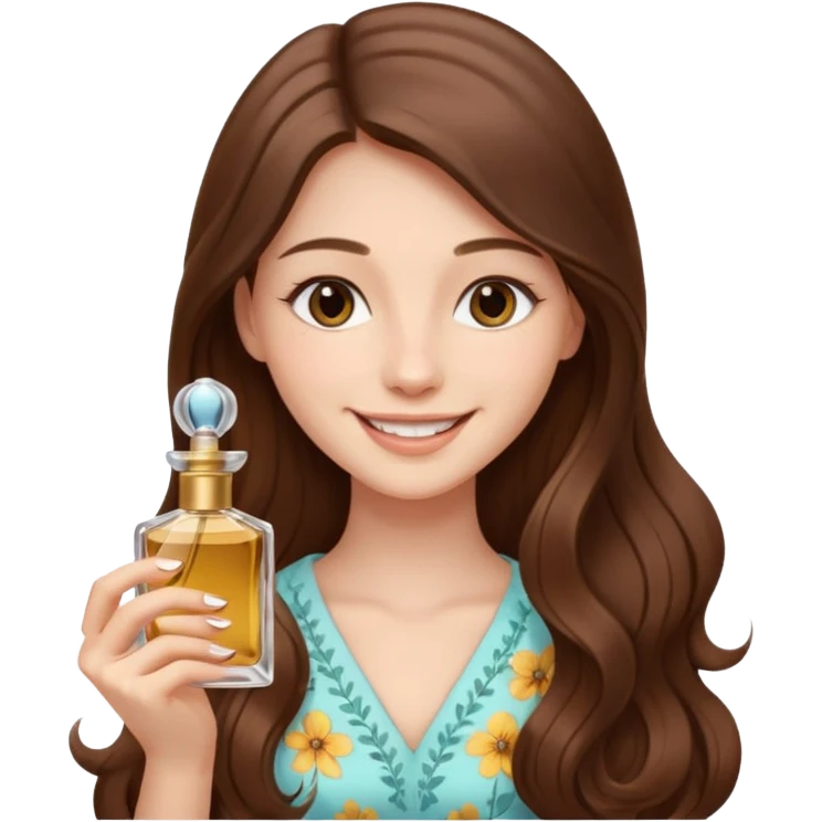 half body pretty long hair girl holding 1 parfume with smile emoji