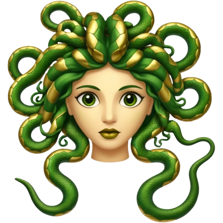 The Sicilian Medusa in gold and green and make the snake hair have snake faces  emoji