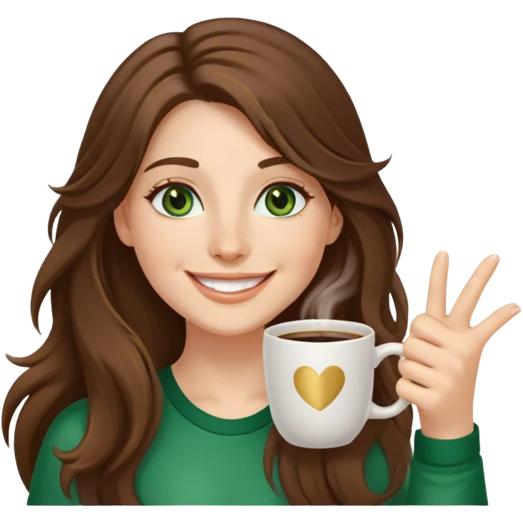 Long, Brown haired girl with middle hair part, green eyes, gold hoop nose ring, smiling, waving with one hand, coffee mug in the other emoji