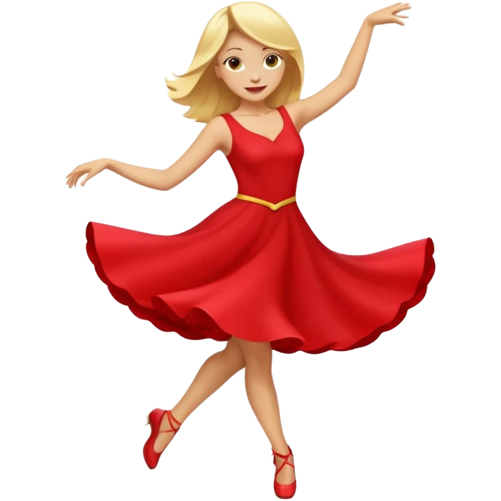 a yellow-blonde woman dancing wearing a red dress, in flat emoji / Apple style, smooth shapes, glossy highlights, bright saturated colors, simple features, minimal details, no outlines, red clothes flowing, joyful pose
 emoji