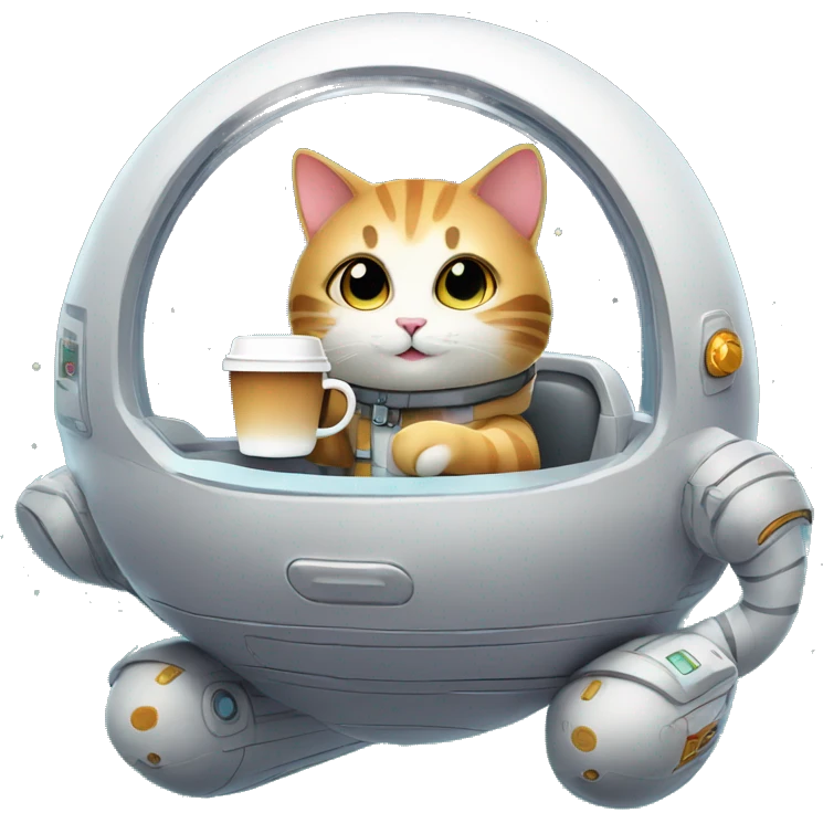 Cute hovercat in a space ship in space with coffee cup on it's hand emoji