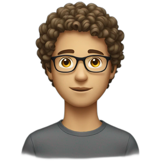 white male with glasses, short face, curly hair, 16 years old, short emoji