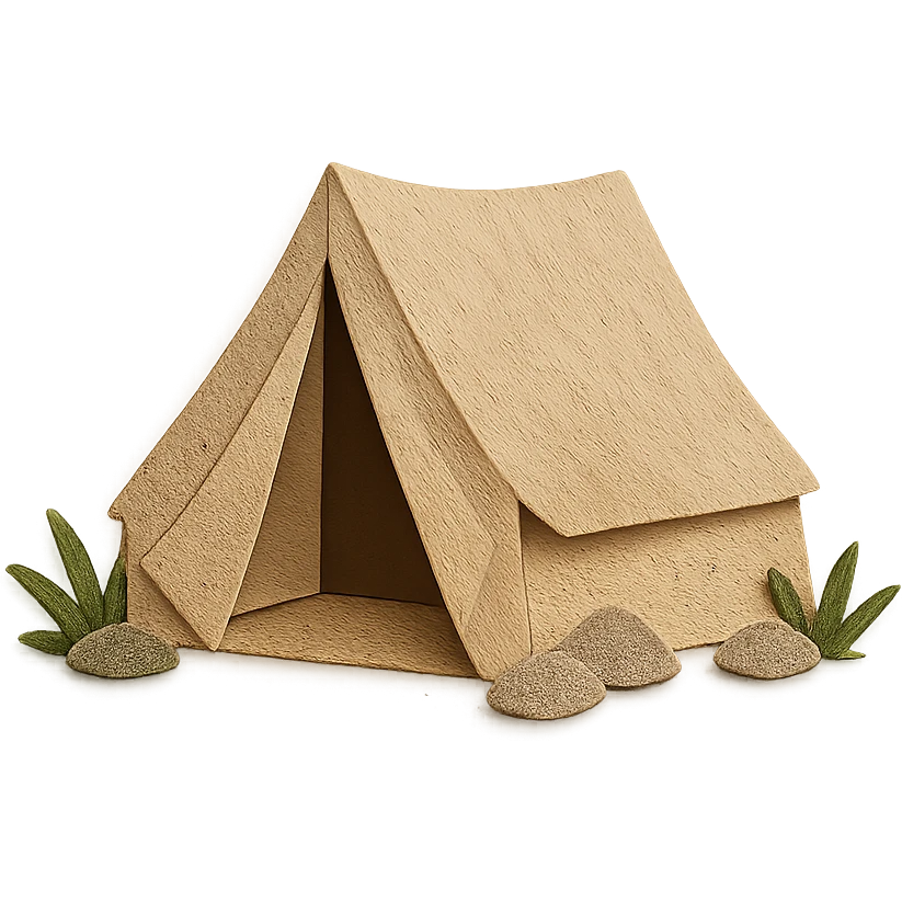 beige camping tent, paper craft style, very detailed fabric texture, pitched tent with open flap, surrounded by grass and small rocks emoji