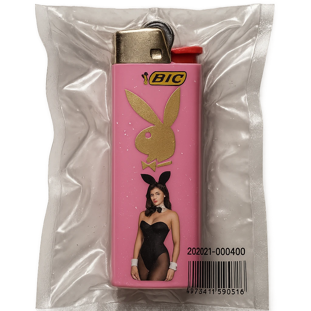 pink BIC lighter, glossy, with a gold Playboy Bunny logo and a model in a black bunny suit emoji