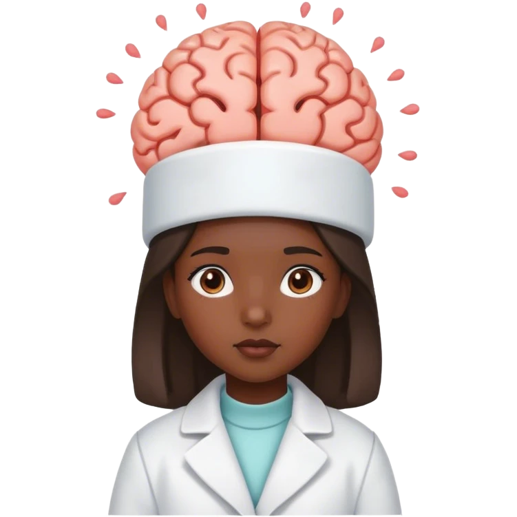 a young girl with dark skin, dressed a bit like a doctor, with a brain on her head emoji