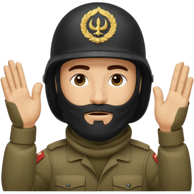 surrenders, depicts an Iraqi soldier from 1980, with a beard, in a helmet, with a balaclava, with a sad face and raised hands emoji