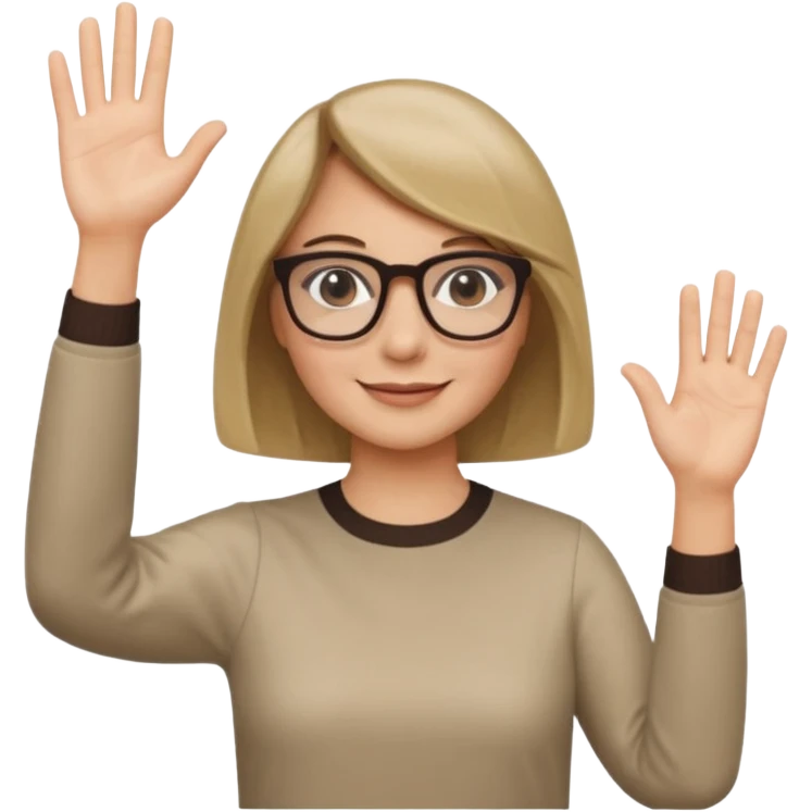woman dark blonde petite bob haircut wears smaller squared dark  glasses, classic clothes, smiling, waving, a tad older, waving, light colored shirt emoji