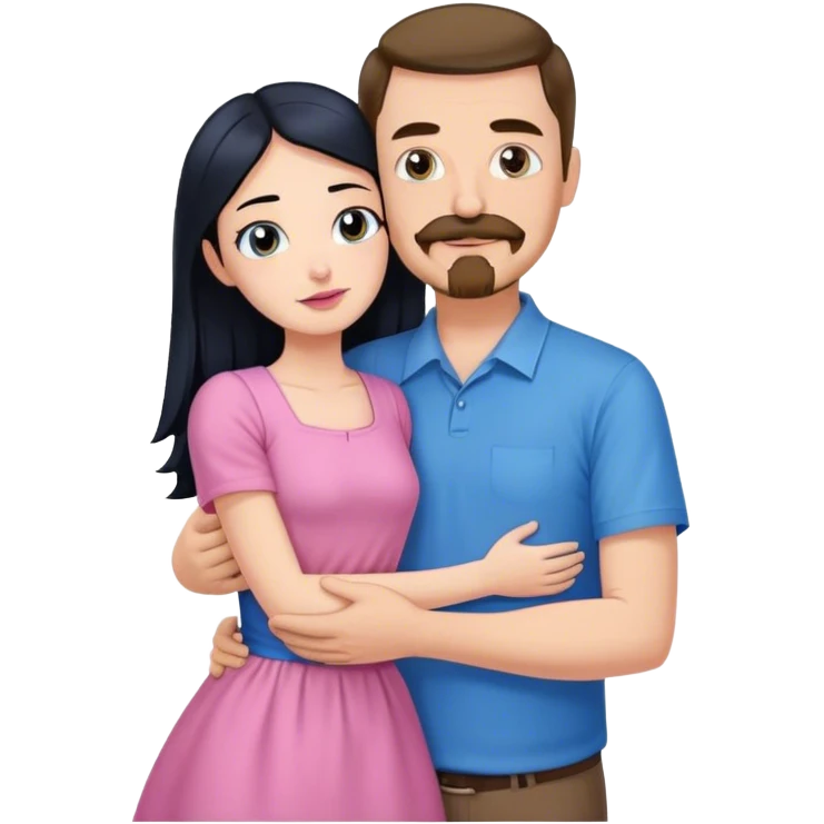 Tall white man with brown mustache goatee wearing blue hugging a short pale woman with long black hair wearing pink emoji