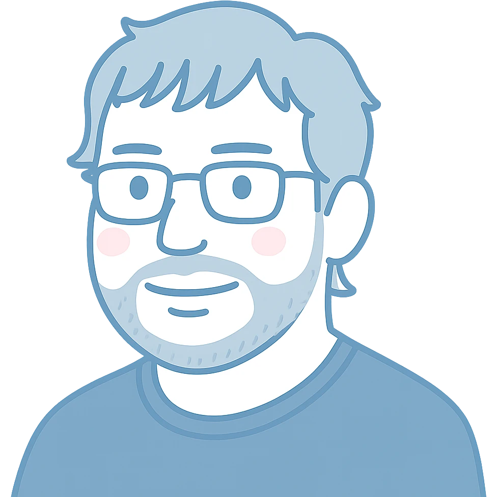 A man with glasses, stylishly messy longer hair with cool well-defined bangs, a naturally round face shape, and a broader nose. Use light faded blue colors for the main outlines and details, subtle pink highlights only on the cheeks, and gray only for the short beard and shadow details where necessary. emoji