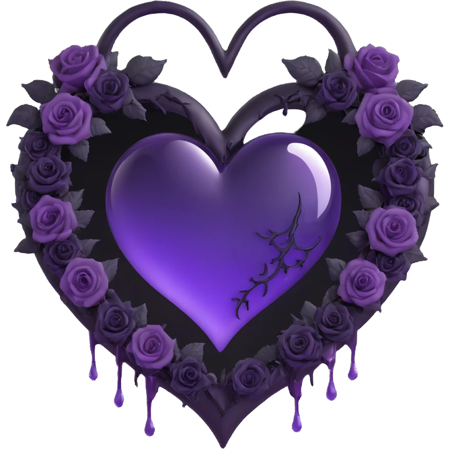 gothic heart, purple glass with a crescent moon, dripping effect, black roses inside a heart, faint lightning in the background, misty rain, cracked glass with a glowing mist emoji