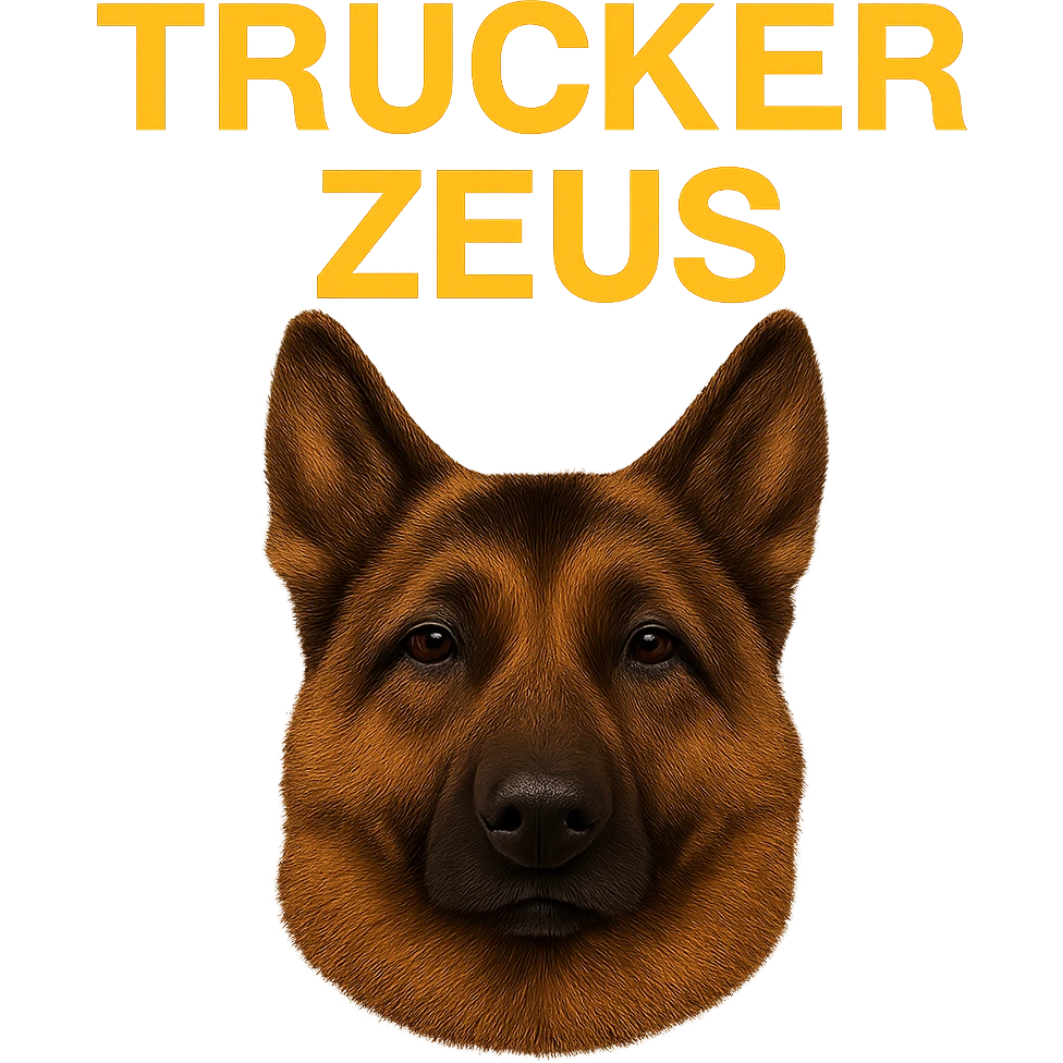 Make the image background transparent while keeping the realistic German Shepherd and the yellow 'Trucker Zeus' text intact. Ensure the file size is under 1MB. emoji