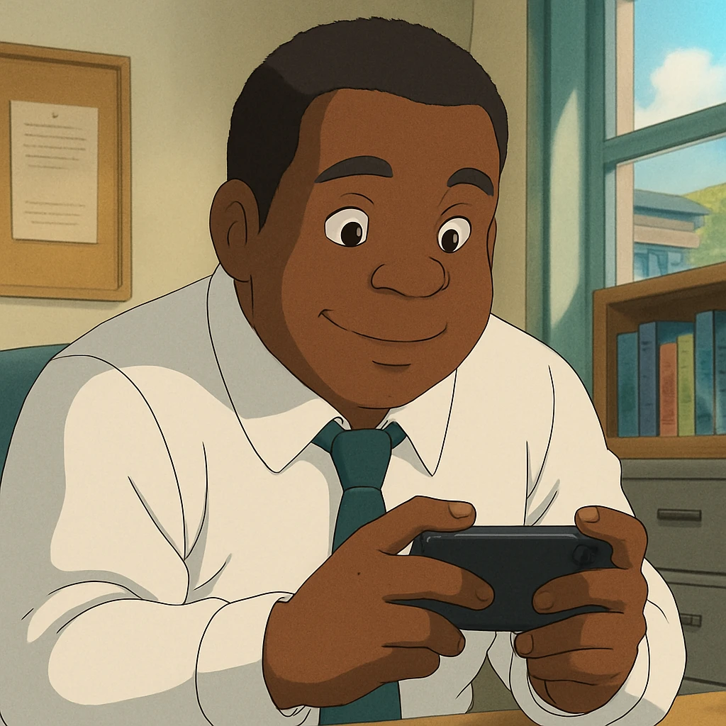 Black office employee, white shirt, playing on his phone emoji