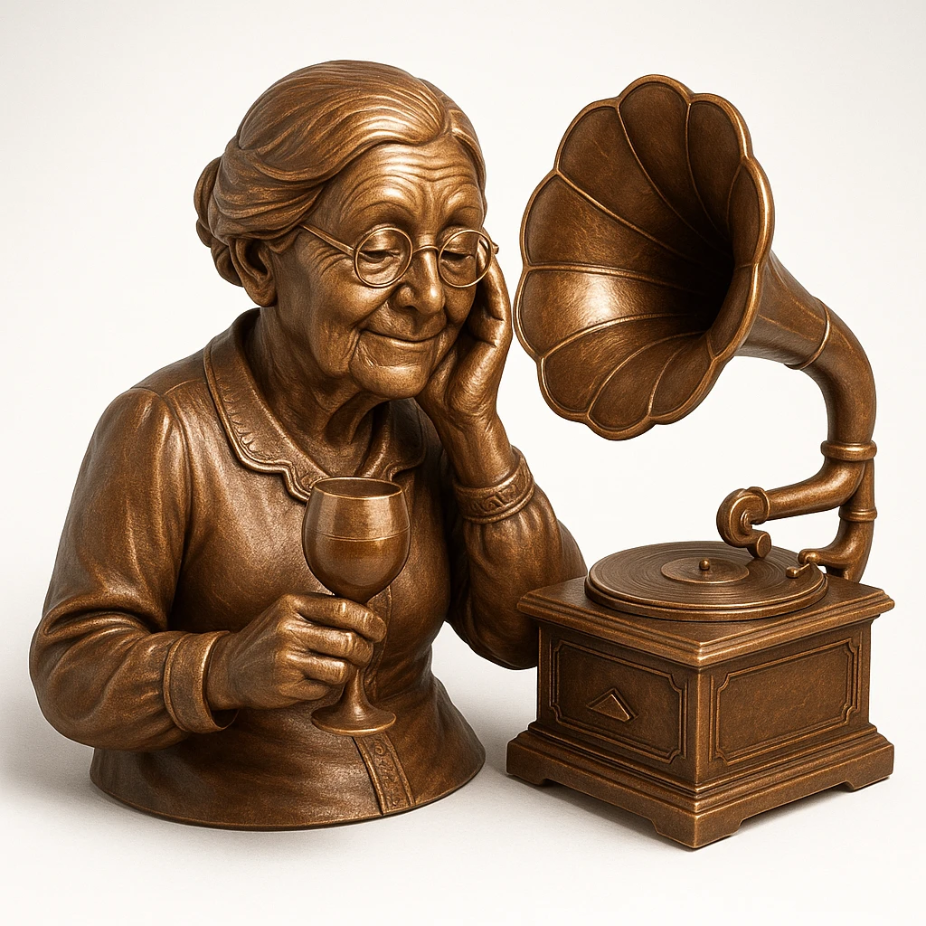 old lady with wineglass listening to gramophone emoji
