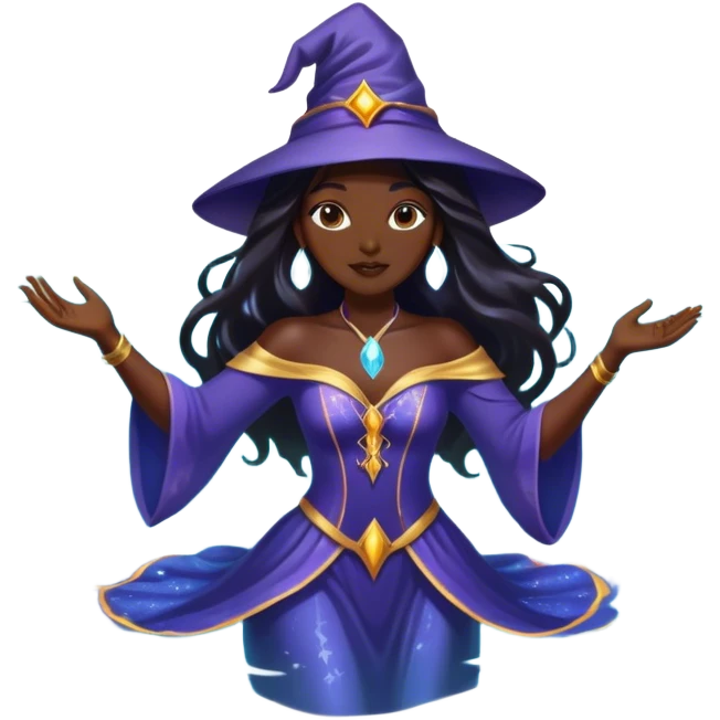 A glamorous celebrity-style woman with long dark hair, dressed as a mystical wizard, floating in a magical pool. She looks confident and enchanting, with a playful ghost nearby. No swimsuit, but covered in a glowing magical aura. emoji
