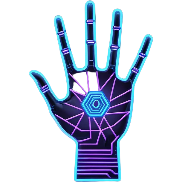 A futuristic abstract logo featuring a geometric hand outline with circuit-like lines, glowing in neon blue and purple, minimal and modern design emoji