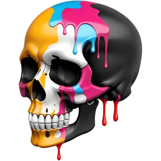 smooth black skull with street art colors and brand logos painted within the skull's surface, minimal paint drips that don't extend past skull outline, angled view emoji
