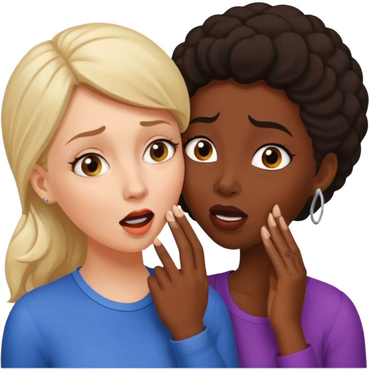 Devious cheerful white woman whispers in surprised embarrassed black woman's ear. emoji