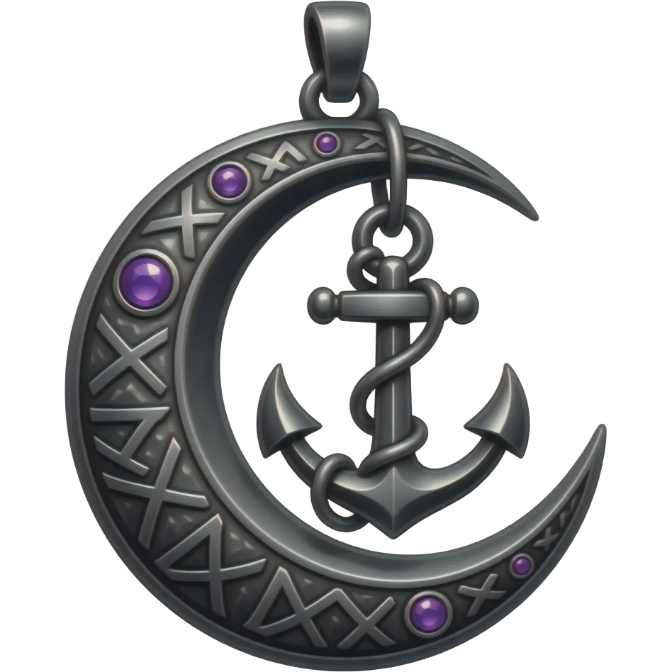 „blackened crescent‑moon and anchor pendant fused together, intricate runic engravings, small purple crystals, moonlight reflecting on metal, ethereal atmosphere, high detail, no characters“ emoji