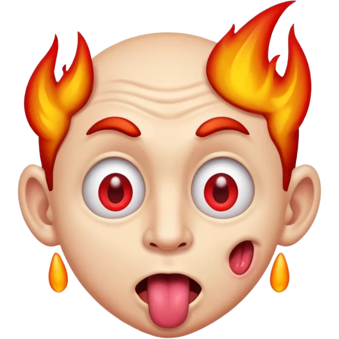 silly man with weird expression, tongue sticking out, fiery eyes emoji