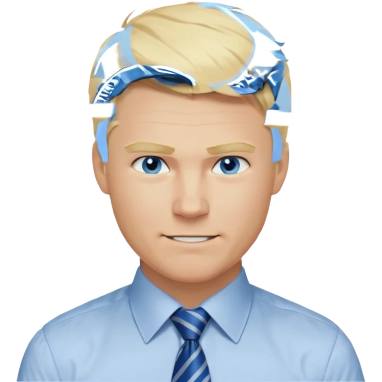 A guy with blonde hair and blue eyes that looks masculine. make him wear a shirt with a tie. he is danish. Make 4 diferent variations. in one he is smilin. in one he is angry emoji