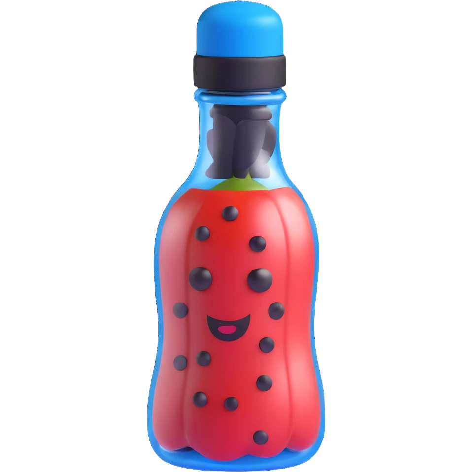3D style cartoonish pepper bottle, blue cap, transparent body, black pepper, playful look emoji