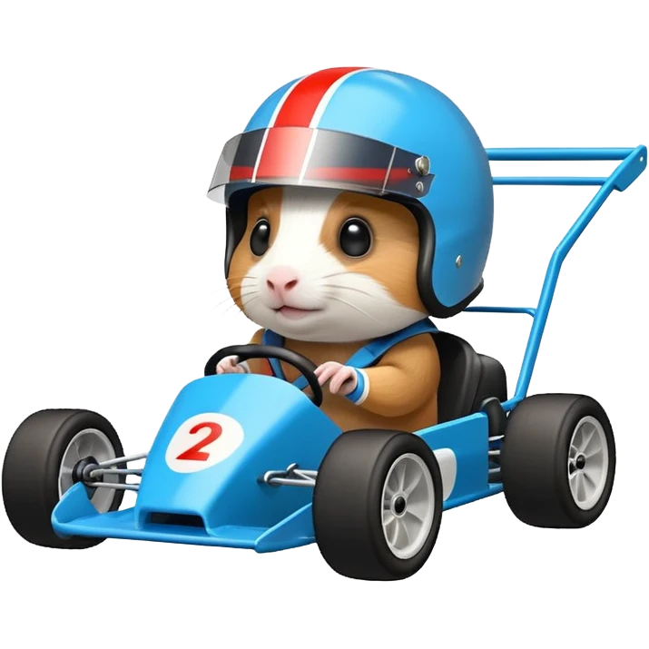 Racing drift car whose frame and suspension is made of shopping cart material is being professionally steered driven by a small thin Guinea pig  emoji