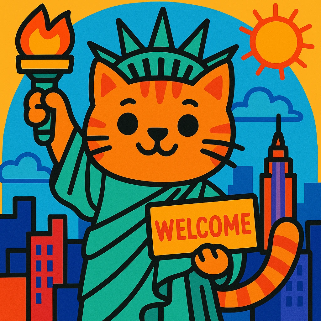 A cat dressed as the Statue of Liberty holding a welcome sign, New York themed, playful and colorful, vibrant toon illustration emoji