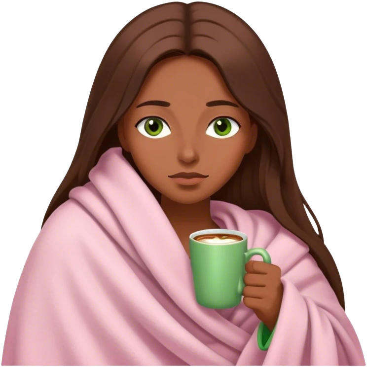 woman with very long brown hair and green eyes in a light pink blanket sleepy with coffee emoji