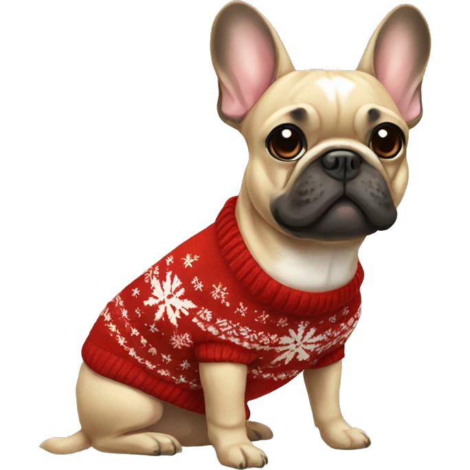 A Frenchie with a Christmas sweater emoji