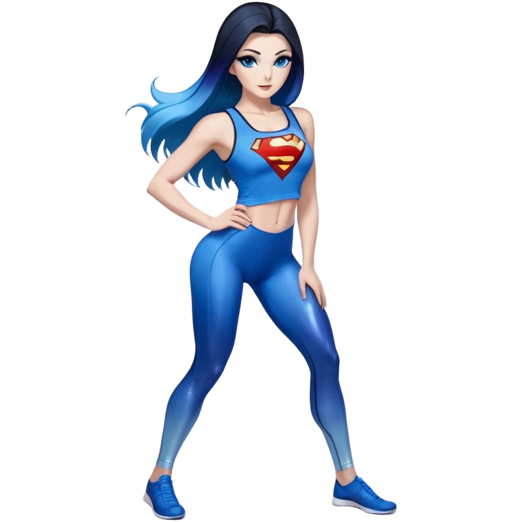 long legs-very very very large upper body-sexy face-bending forward-very long very straight dark blue to light blue ombre hair-and-blue eyes-thick black eyeliner-thick long eyelashes-iridescent blue lowcut tanktop with black leggings with glitter superman logo emoji
