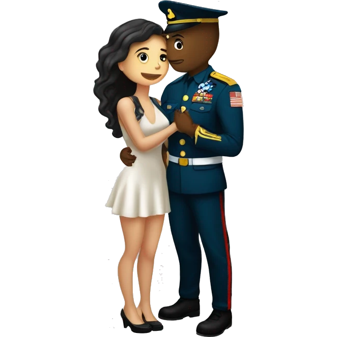 Un chico rapado vestido de militar dándose un beso con una chica morena  emoji