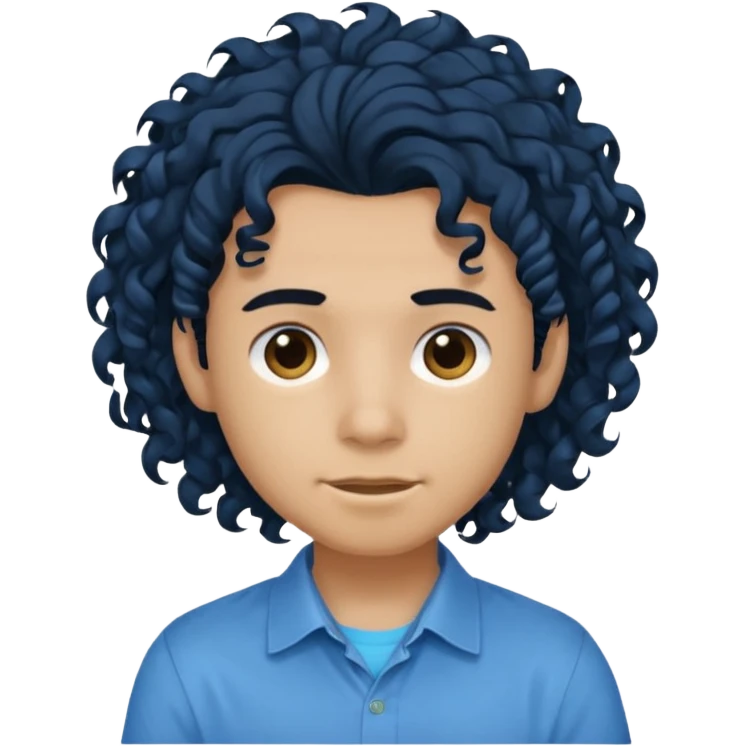 یه پسر با موهای  بلند و فرفری با لباس ابی موهاشو بسته باشه emoji