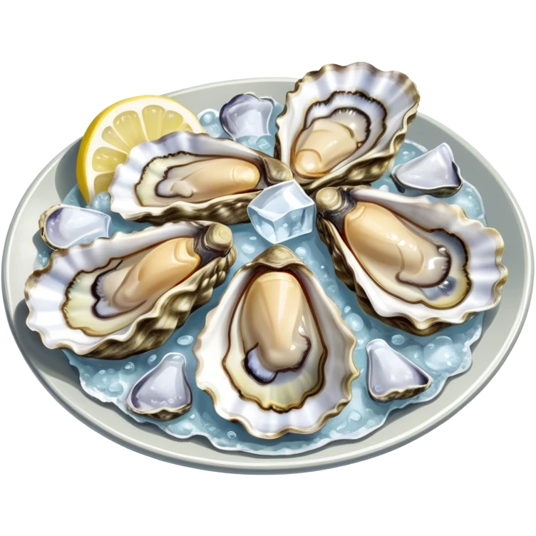 Cinematic fresh oysters on the half-shell, glistening with seawater, served with lemon wedges and ice, soft glowing highlights, elegant and luxurious. emoji